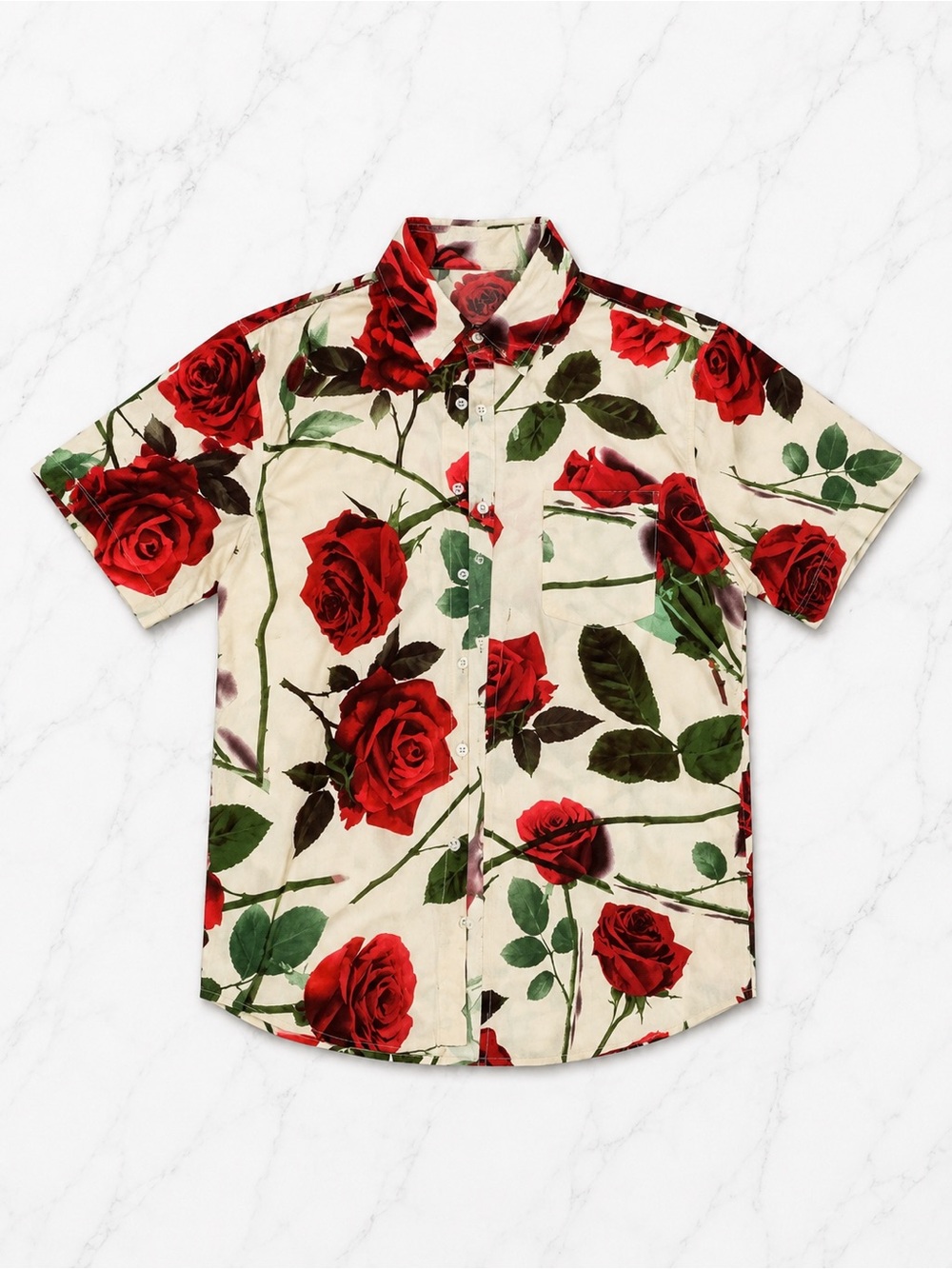 Men's Red Rose Print Short-Sleeve Shirt